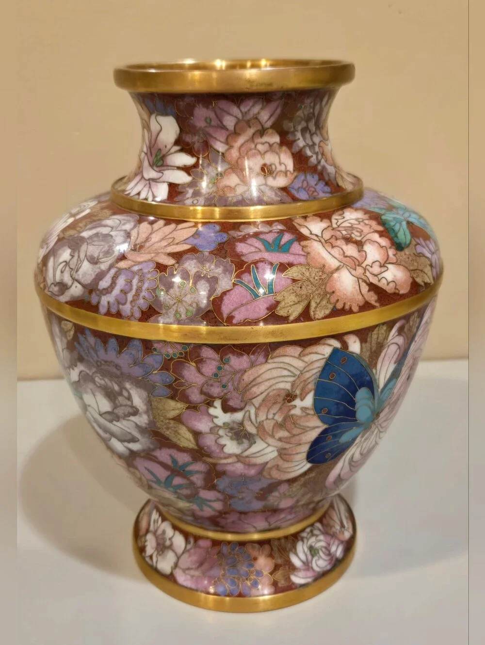 Ornate Pink and Blue Butterfly Cloisonné Vase